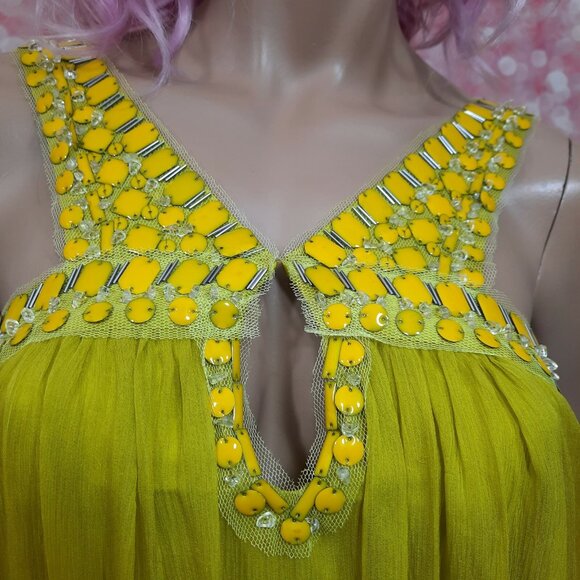 Y2K BCBG Chartreuse Green Silk Dress Size 2 Beaded Flowy Sleeveless Above Knee - Picture 3 of 7